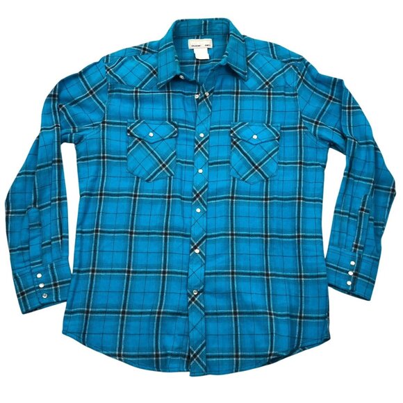 Wrangler Mens Shirt Large Long Sleeve Pearl Snaps Plaid Casual Classic Y2K Blue - Picture 1 of 11